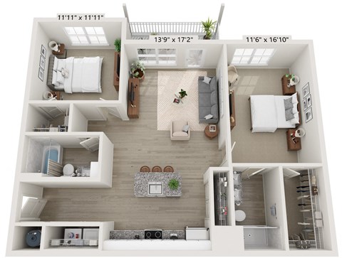 Floor plan for 2 beds, 2 baths, 1076 sqft